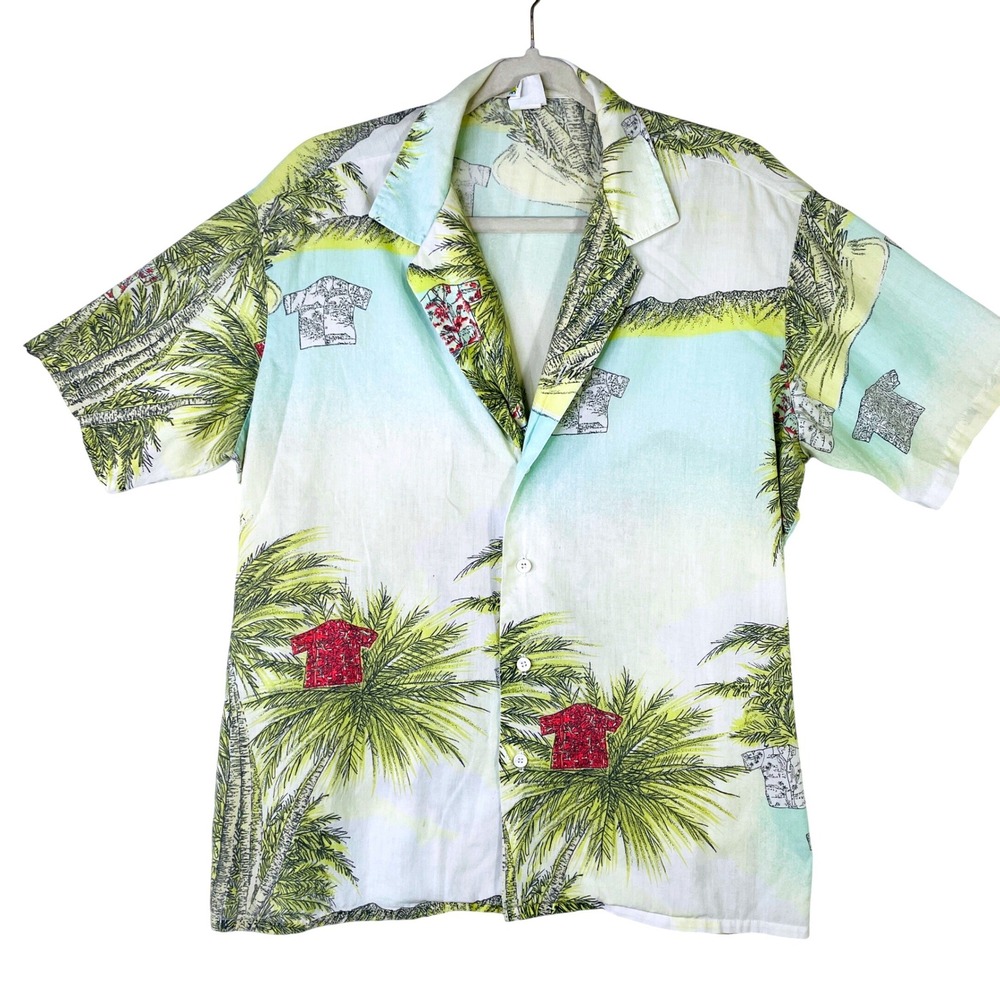 Oceanaire Mens Large Tropical Island Palm Tree Hawaiian Shirt Made in USA Pastel